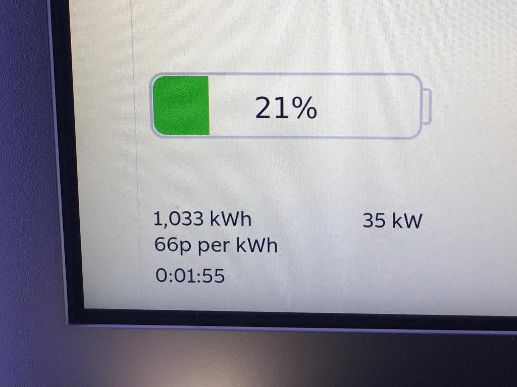 Had to stop for a top-up on my way home from the #AutocarAwards. The good news: plenty of chargers free. The bad news: ‘high power’ @ElecHighway unit is putting out just 35kW. Going to be a late one.