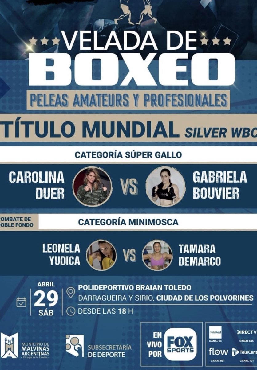 #FightWeek
Argentina’s Carolina Duer (20-6-2, 6KOs) vs Uruguay’s Gabriela Bouvier (16-12-1, 3KOs) for the vacant WBC Silver Super Bantam title & Argentina’s Leonela Yudica (18-1-3, 1KO) & Tamara Demarco (11-5) for the vacant WBC Silver Light Fly title Saturday https://t.co/y8IAA0Zdrk