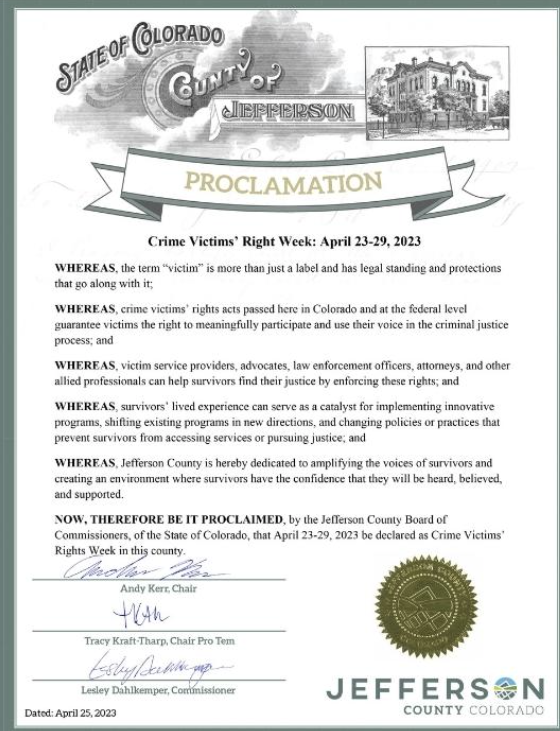 jeffcosheriffco's tweet photo. Today the #JCSO celebrated #CrimeVictimsRightsWeek with a proclamation announcement @JeffcoColorado. #NVRW is a time to honor the strength and courage of crime survivors and speak out in unison for crime victims’ rights and services. Learn more https://t.co/AxaHNhQ7am https://t.co/xRdR0HXJIL