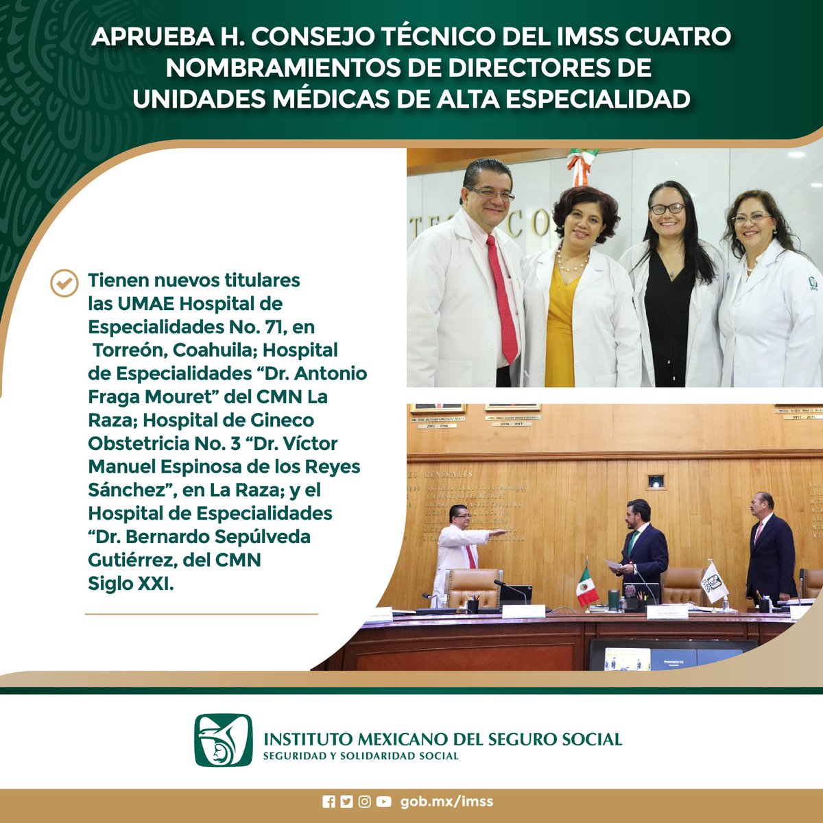 Tu_IMSS's tweet photo. Aprueba H. Consejo Técnico del #IMSS cuatro nombramientos de directores de Unidades Médicas de Alta Especialidad

https://t.co/of4aCGP2gY https://t.co/hTK69ueutS