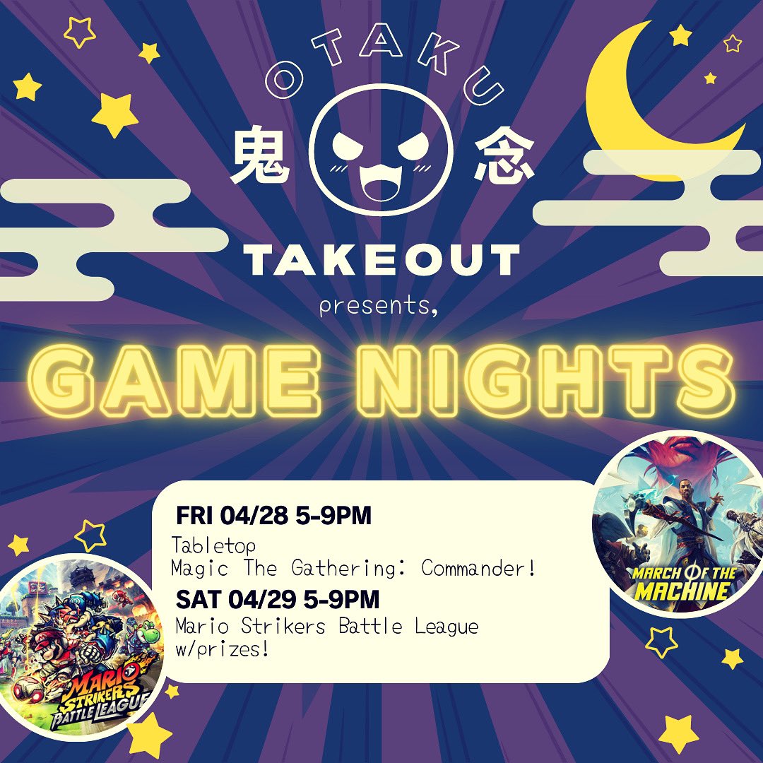 We’re celebrating the release of March of the Machines with MTG: Commander on Friday! ✨ 
This Saturday is Mario Strikers Battle League. Come show your stuff and win a prize! ⚽️