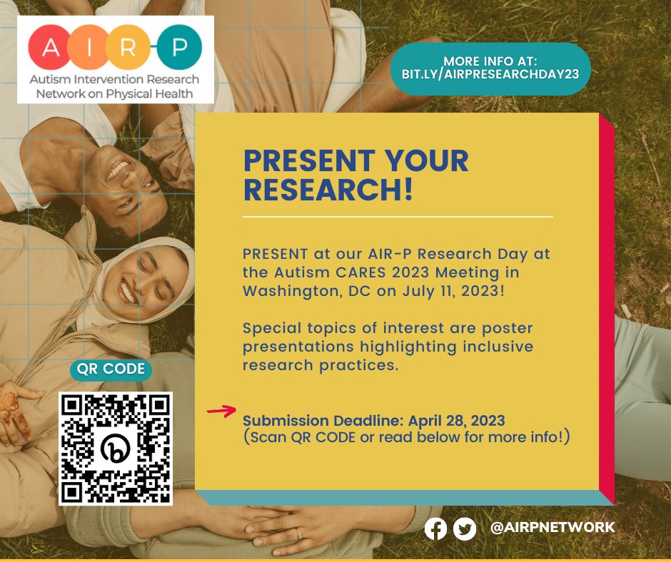 AIRPNetwork's tweet image. DUE IN 3 DAYS!

🚨 AIR-P is pleased to launch the call for #ResearchProposals to present at the semi-annual AIR-P Research Day at Autism CARES 2023 in Washington, DC on July 11!

Proposal deadline is April 28 @ 4pm PT. MORE INFO: bit.ly/airpresearchda…
#Autism #ResearchFunding