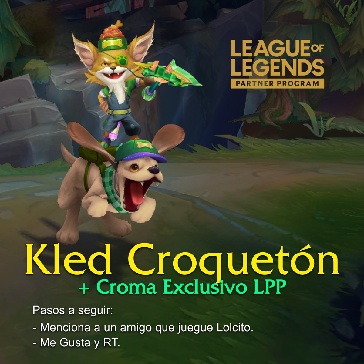 ritoope's tweet photo. Pertenezco al Programa Socios de LoL y @riotgames
 me brindó códigos LPP para ustedes ♥

• Serán 15 los ganadores (campeón Kled + aspecto Kled Croquetón + croma exclusivo).
• Sigan los pasos que describe la imagen.

 ¡Mucha suerte a todos! 

 #LeaguePartner #LeagueOfLegends https://t.co/1S5ztA6qtd