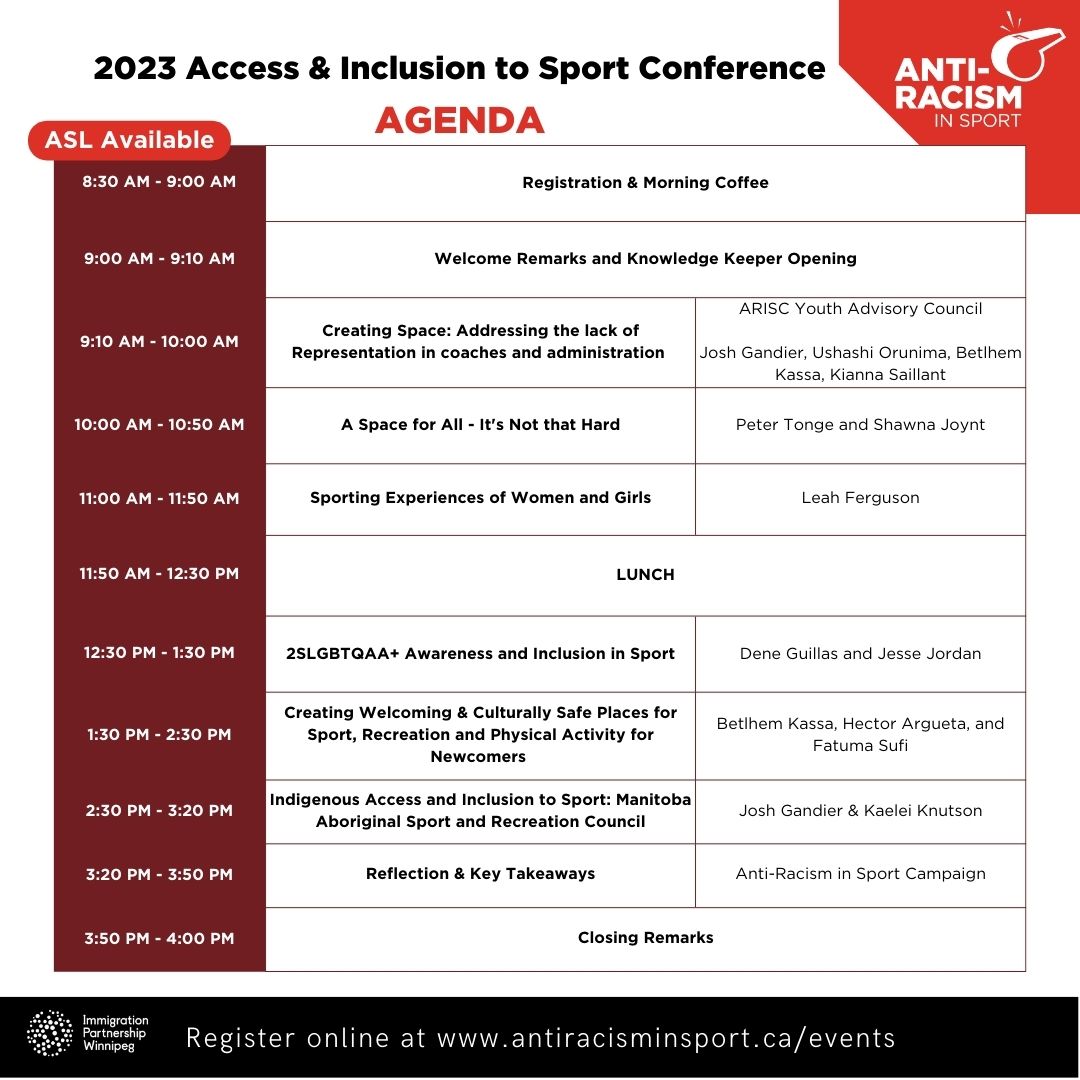 Have you signed up for the 2023 Access and Inclusion to Sport Conference? We are excited for you to hear from our diverse panel of speakers. ASL interpretation and FREE parking available. Register online at antiracisminsport.ca/events