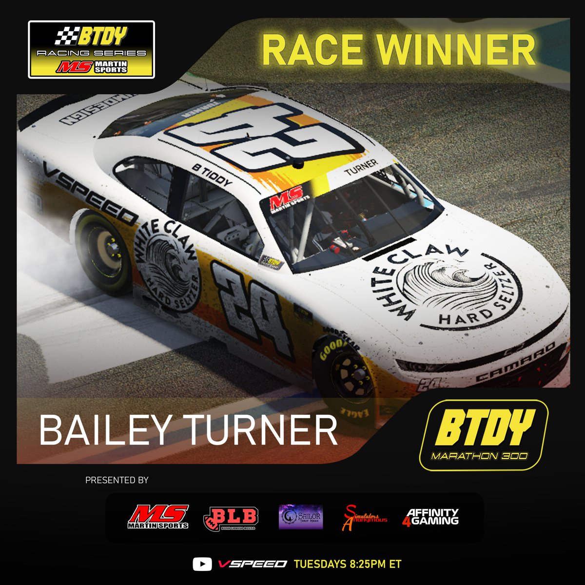 VSPEED (@vspeedsim) on Twitter photo It was another strategy masterclass from <a href="/bailey_turner25/">Bailey Turner</a> in the <a href="/BTDYracing/">BTDY Racing League</a> Marathon 300, and he takes his first win of the season! 🏁
We're headed to <a href="/Autodromo_Monza/">Autodromo Nazionale Monza</a> for the All-Star Race next week!
Presented by @MartinSports906
#BTDY #VSPEED #eSports It was another strategy masterclass from <a href="/bailey_turner25/">Bailey Turner</a> in the <a href="/BTDYracing/">BTDY Racing League</a> Marathon 300, and he takes his first win of the season! 🏁
We're headed to <a href="/Autodromo_Monza/">Autodromo Nazionale Monza</a> for the All-Star Race next week!
Presented by @MartinSports906
#BTDY #VSPEED #eSports