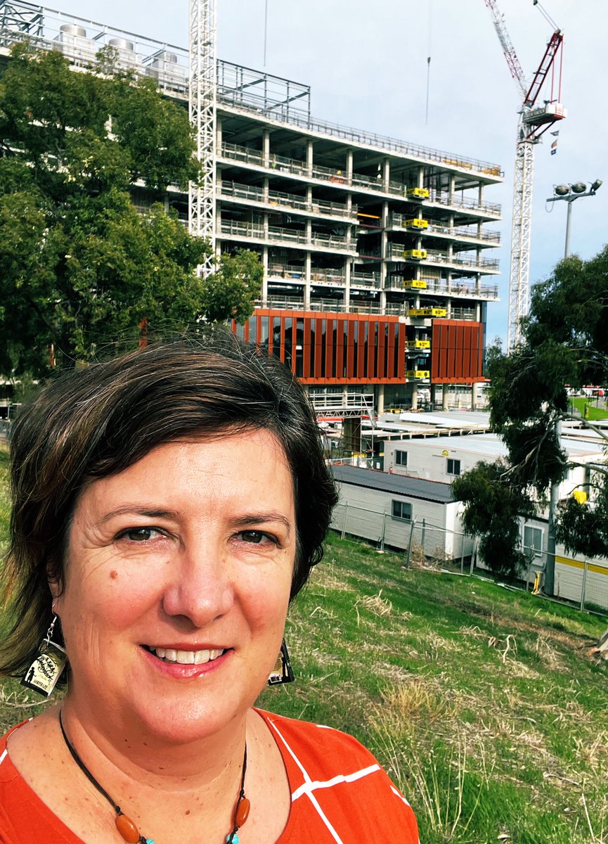 ProfGolley's tweet photo. How best to celebrate the topping out of #HMRB the future of health, care & medical research @Flinders ? Dress like the building! #terracottapaneldress #ochre @FlindersCFI #FHMRI @colinstirling @PMalinauskasMP @PictonChris https://t.co/OAVrI3qbca