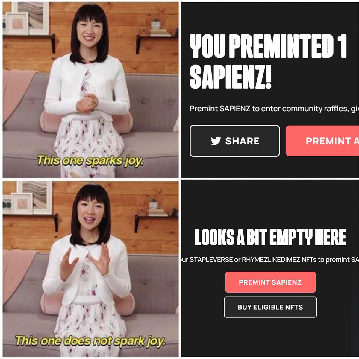 Marie Kondo says premint #sapienz!! 

check out <a href="/stapleverse/">STAPLEVERSE</a> for more info 🐦