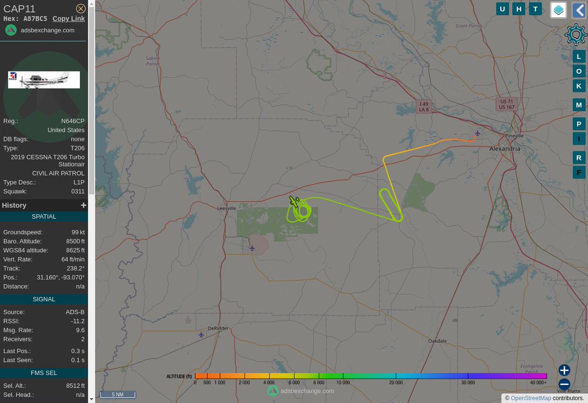 Radar_Assistant's tweet image. MULTI ADSBX CIRCLING ALERT : At time Wed Apr 26 01:30:51 2023 #CAP11    was likely to be circling at FL85 7nm from FXU Polk_VORTAC_US
 near Vernon Parish, Louisiana, United States #AvGeek #ADSB globe.adsbexchange.com/?icao=A87BC5&amp;amp;z…