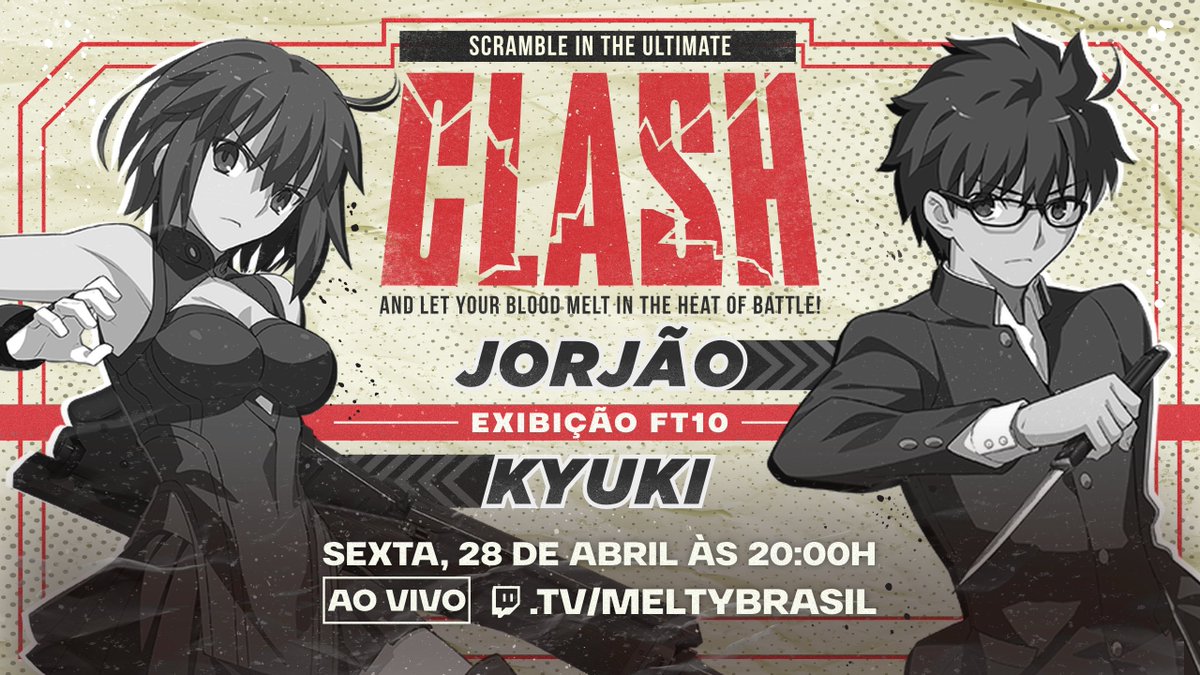 MeltyBrasil's tweet photo. CLASH  
Nessa sexta, 28/04 às 20h, teremos uma exibição ft10 entre @Jorgituzin e @KyukiVT. Não percam!  
https://t.co/xupQhxS8hB https://t.co/EqBwrXPfxN