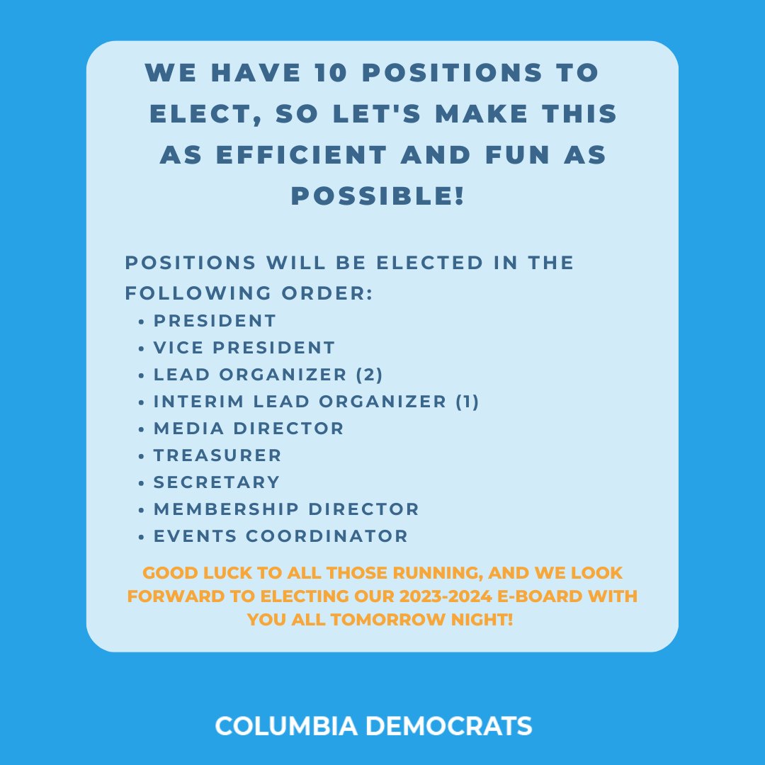 Elections are tomorrow night Dems! If you have any questions or concerns, email dems@columbia.edu. Can't wait to see you there!