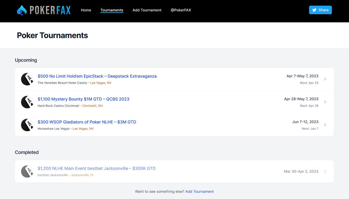 PokerFAX's tweet photo. The 'Tournaments' page has been improved to better show location and dates: https://t.co/5X85oxolOl

👉 Next up: Recurring Tournaments 📆 https://t.co/fzwdKibLZH