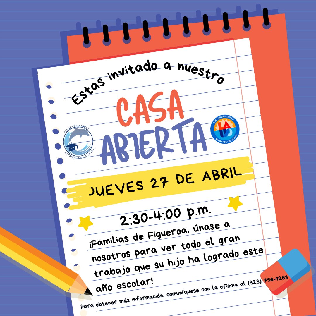 ✏️📓Figueroa Families, please join us on Thursday, April 27th! 🏫🚸📚

📓✏️¡Familias de la Escuela Figueroa, únase a nosotros el jueves 27 de abril! 🏫🚸📚