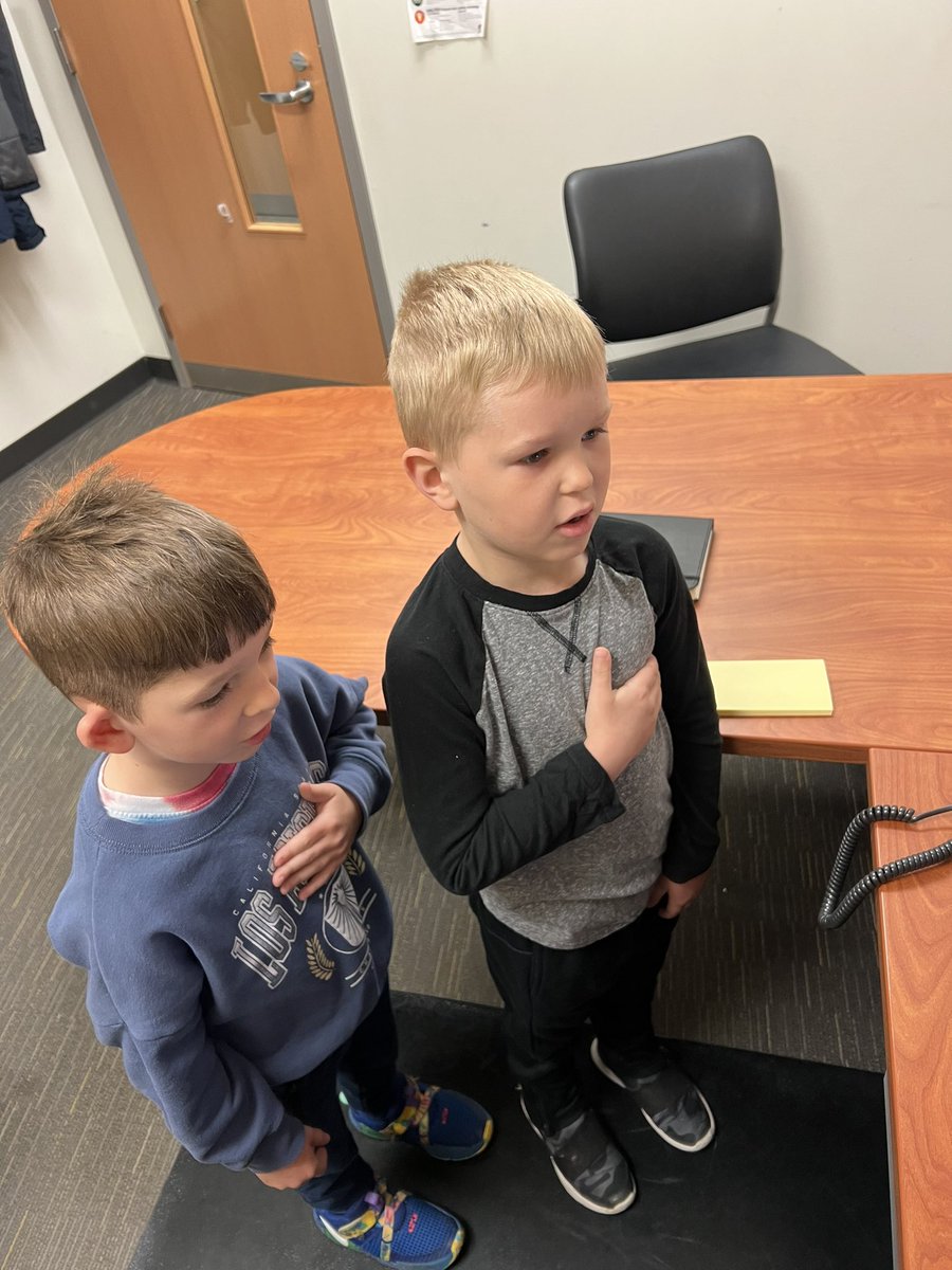 I love it when students come to the office! These two kindergartners made the trip to lead the school in saying the pledge of allegiance and the school pledge.