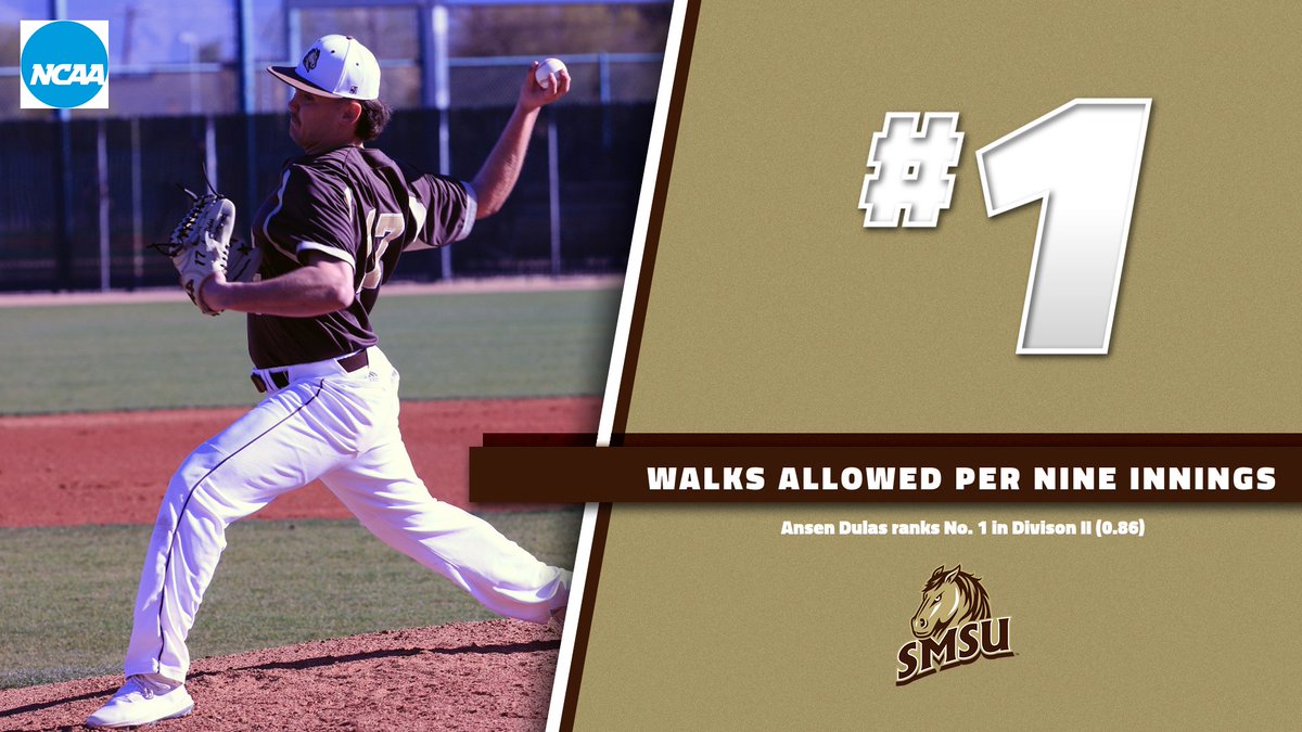 SMSUMustangs's tweet photo. Two Mustang baseball pitchers rank high in the latest NCAA national statistics. Ansen Dulas, No. 1 in walks per 9 innings, while Kolby Kiser No. 4 in strikeouts per 9 innings. #LetsRide https://t.co/ayTxXskrPI