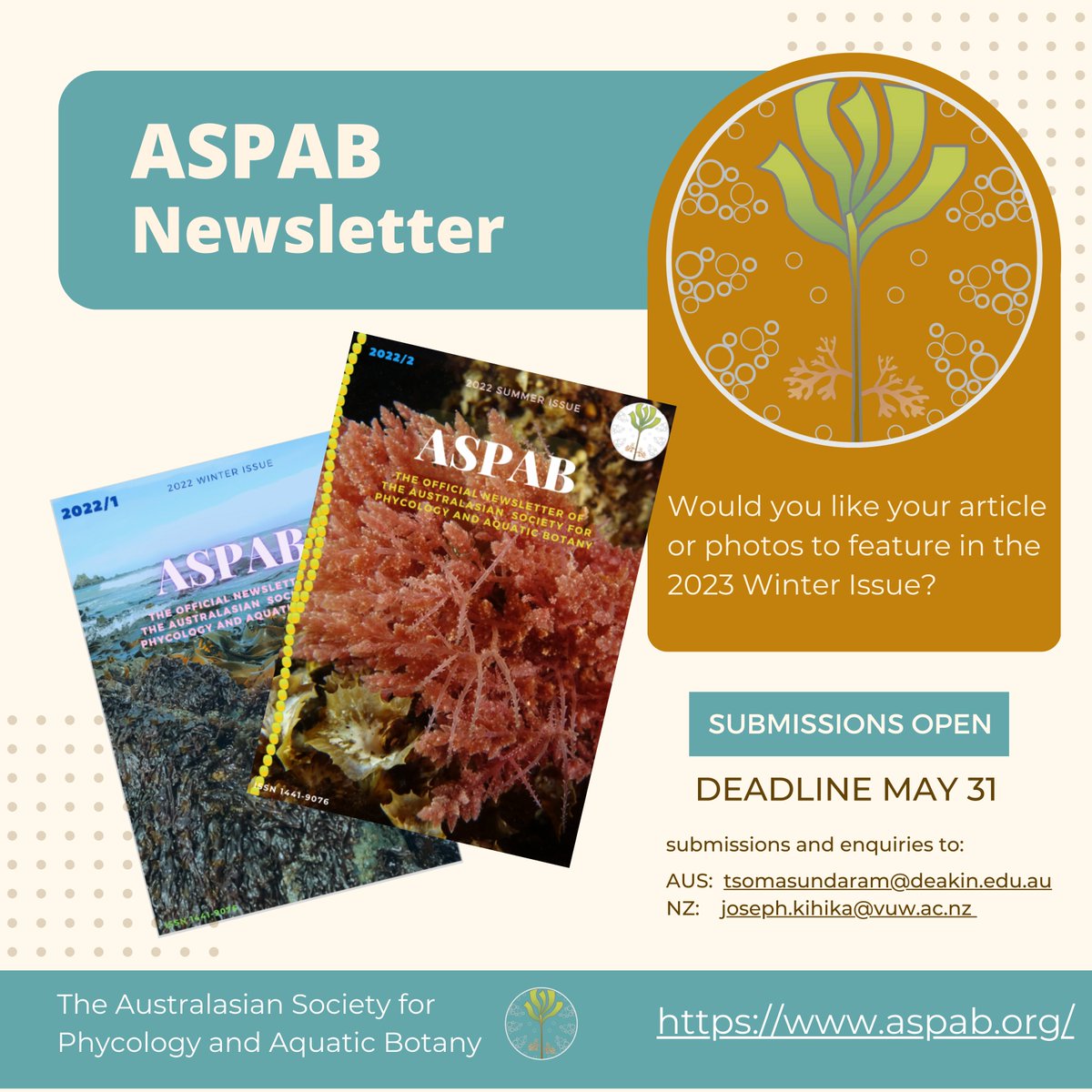 Got some exciting new research or activities happening in fields related to phycology &amp; aquatic botany? Then submit an article for the 2023 winter issue! #aspab #seaweed #algae #phytoplankton #seagrass #aquaticbotany #aquaticbotanist #phycologist #phycology #newsletter