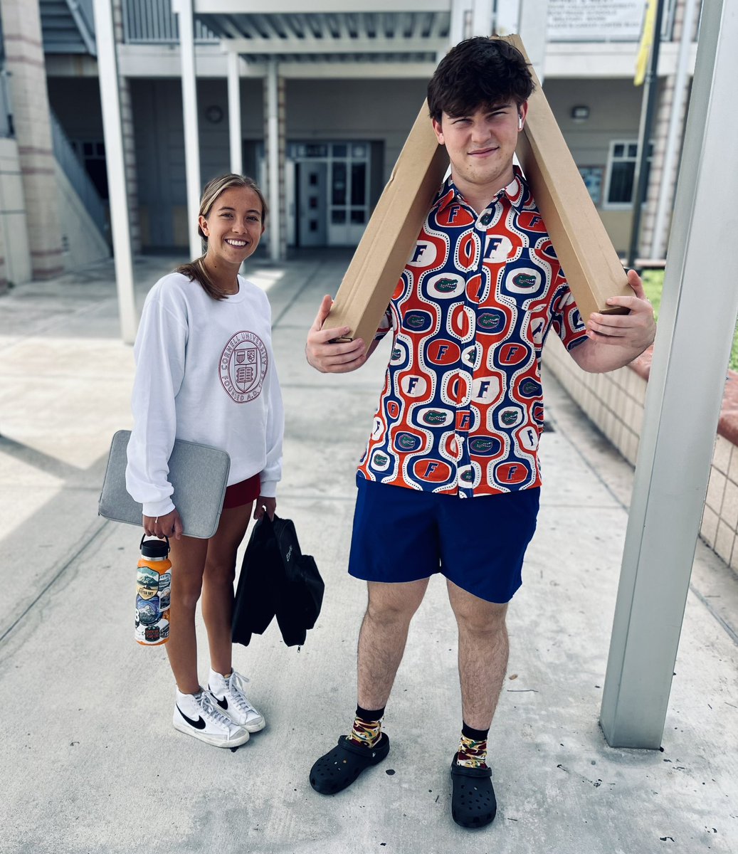 For our spirit week, seniors wore the colleges that they will be attending. Emma @Cornell & Matt @UF 🐊 You make us proud #bobcats @pbcsd @SommerPBCSD @licatap @SLLpbc @SafeSchools_PBC #college #bocaraton #highschool