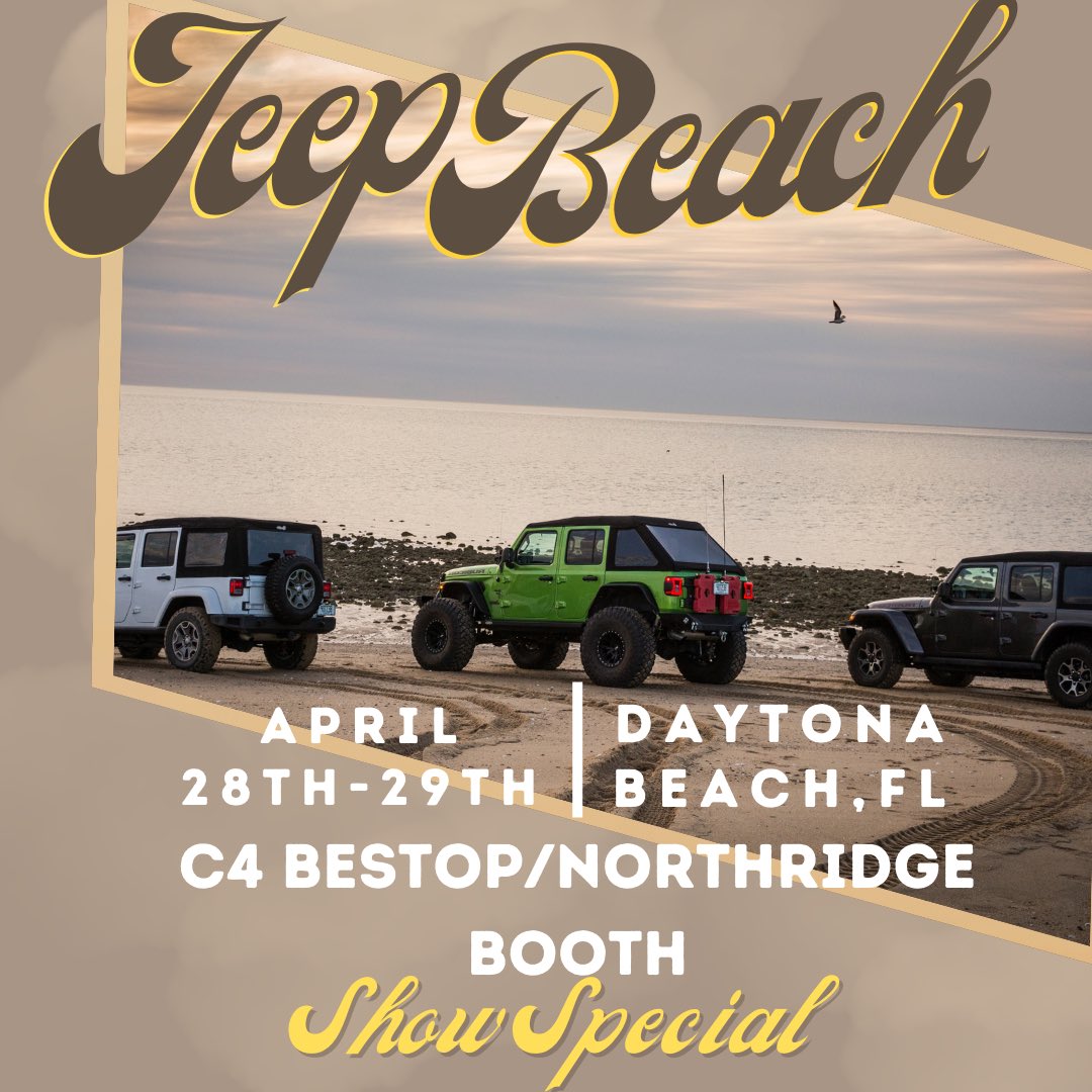 Come see us at booth C4 with <a href="/Northridge4x4/">Northridge 4x4</a> 🌊

#bestop #JeepBeach2023 #jeep #jeeplife #jeepnation #Daytona