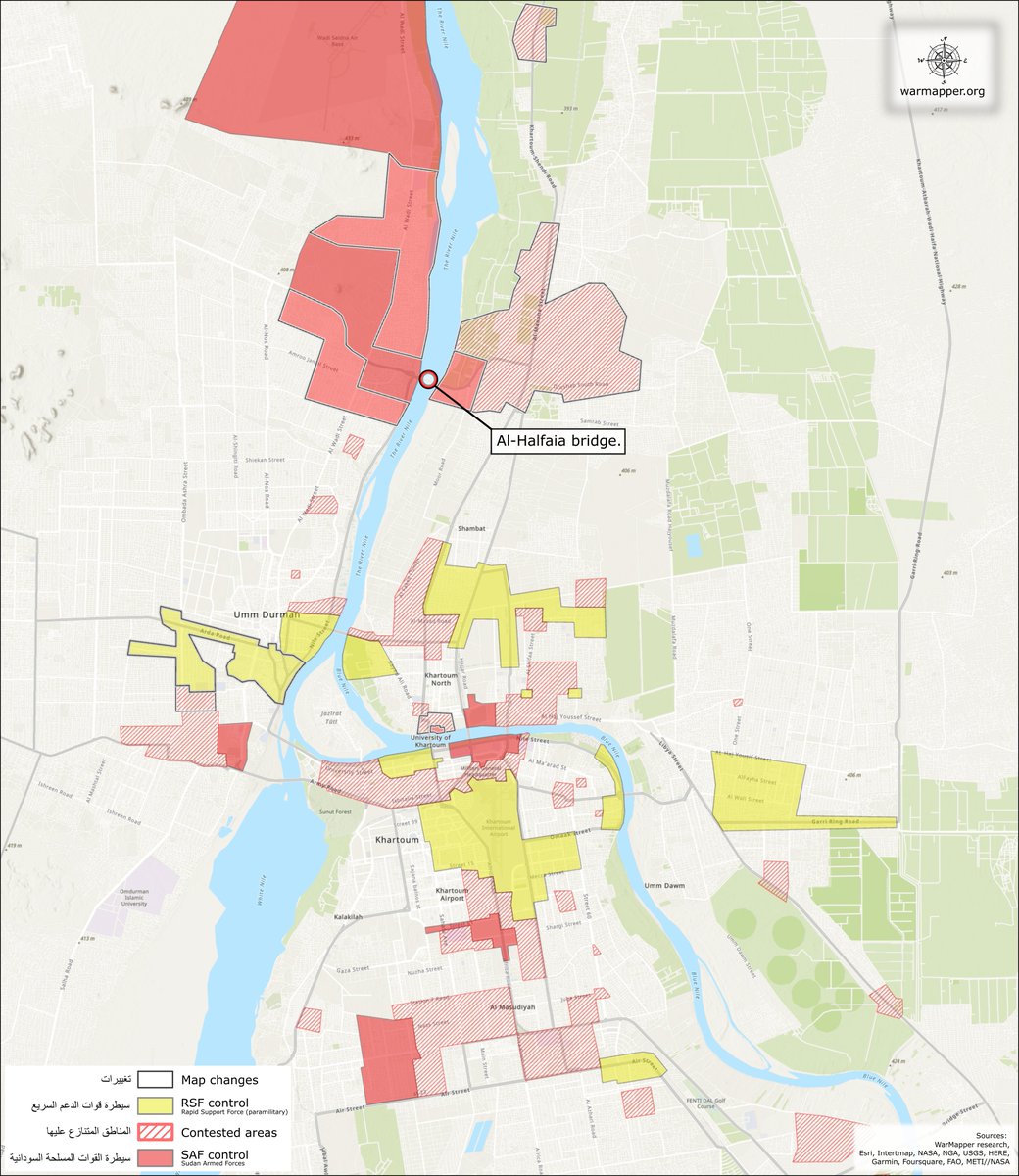War_Mapper's tweet photo. #Khartoum map update:

Confirmations allow more accurate marking of #SAF control west of Al-Halfaia bridge.

#RSF control within Umm Durman has been expanded. 

#KeepEyesOnSudan #Sudan https://t.co/HRlhMPwF9T