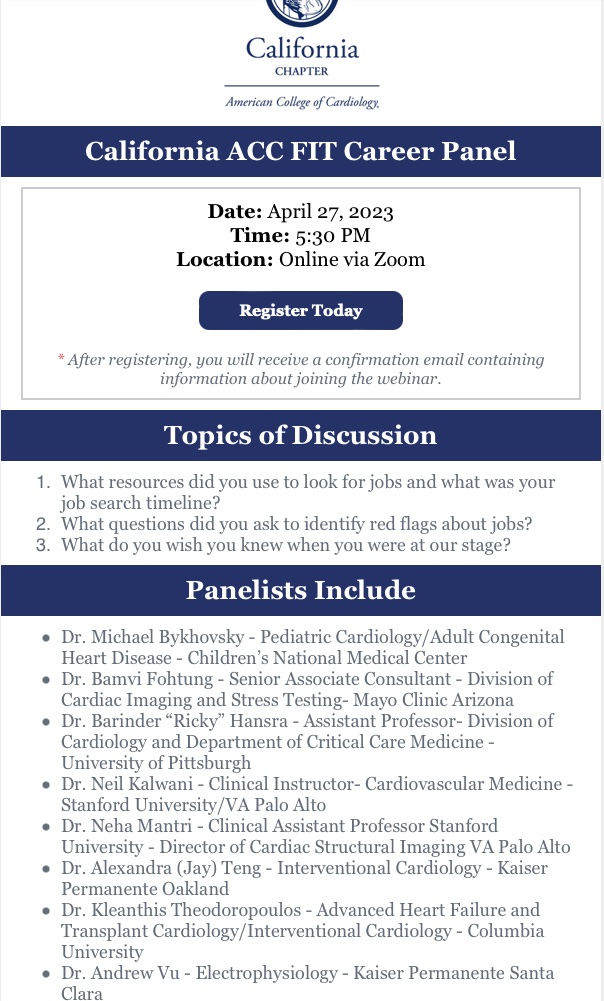 Natalie Tapaskar (@natalietapaskar) on Twitter photo Are you a cardiology FIT looking for a job? Join us this Thursday 4/27 @ 5:30 pm PST for an epic career panel brought to you by <a href="/CaliforniaACC/">California ACC</a>! @acc_fit <a href="/JamalRanaMD/">Jamal Rana, MD</a> <a href="/AAHilliardMD/">Anthony Hilliard</a> <a href="/purviparwani/">Dr. Purvi Parwani</a> <a href="/ACCinTouch/">American College of Cardiology</a>. Register here: us06web.zoom.us/webinar/regist… Are you a cardiology FIT looking for a job? Join us this Thursday 4/27 @ 5:30 pm PST for an epic career panel brought to you by <a href="/CaliforniaACC/">California ACC</a>! @acc_fit <a href="/JamalRanaMD/">Jamal Rana, MD</a> <a href="/AAHilliardMD/">Anthony Hilliard</a> <a href="/purviparwani/">Dr. Purvi Parwani</a> <a href="/ACCinTouch/">American College of Cardiology</a>. Register here: us06web.zoom.us/webinar/regist…