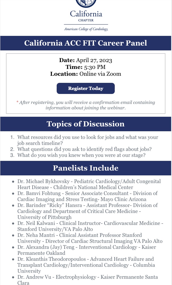 Are you a cardiology FIT looking for a job? Join us this Thursday 4/27 @ 5:30 pm PST for an epic career panel brought to you by @CaliforniaACC! @acc_fit @JamalRanaMD @AAHilliardMD @purviparwani @ACCinTouch. Register here: us06web.zoom.us/webinar/regist…