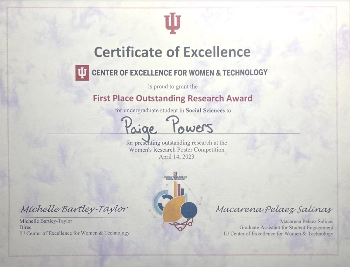 Congratulations to HirtLab member, @paigecpowers, for receiving first place in social science research at the @IU_CEWiT Annual Research Poster Competition! Check out her award-winning poster!