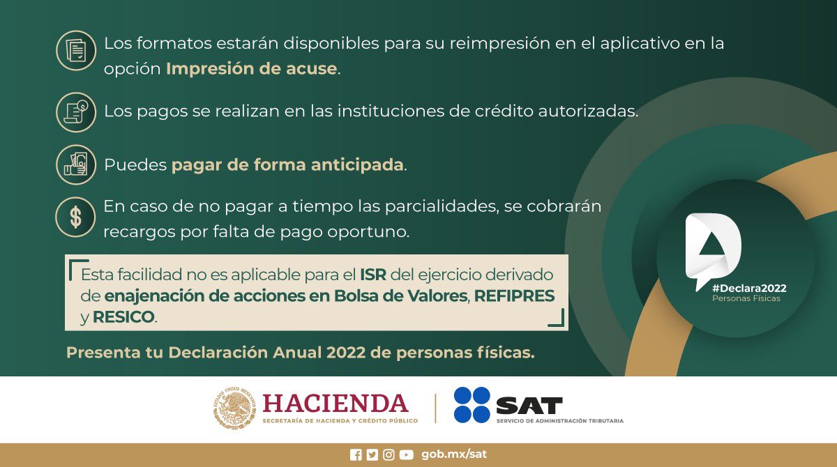 SATMX's tweet photo. Si eres persona física y obtuviste saldo a cargo en tu Declaración Anual 2022 toma en cuenta lo siguiente: 
 
#Declara2022 https://t.co/jQWX0eFc0f