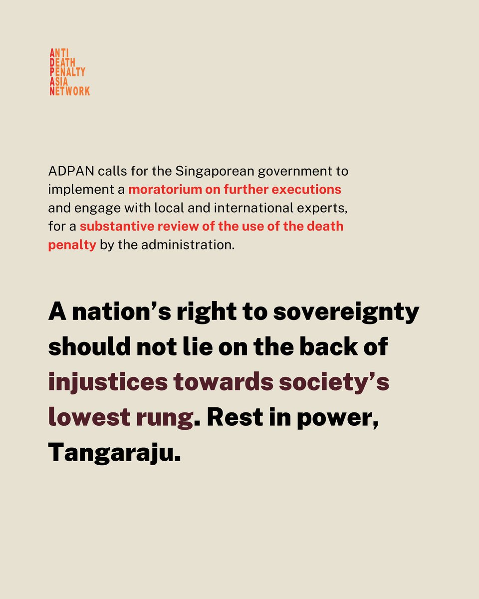 ADPANetwork's tweet photo. Singapore hanged Tangaraju this morning (26 April) despite concerns over fair trial processes &amp; alignment with international human rights standards. 

A nation's right to sovereignty should NOT lie on the back of injustices towards society's lowest rung. Rest in power, Tangaraju. https://t.co/3yvh1GmhDP