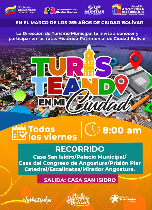 Desde la #GestionSergioHernandez y la Dirección de Turísmo, se les hace la invitación a todo nuestro pueblo bolívarense a seguir conociendo la historia de nuestra Ciudad Capital, en lo que será el tour turístico que se estará dando en Ciudad Bolívar 
#VenezuelaTerritorioDePaz