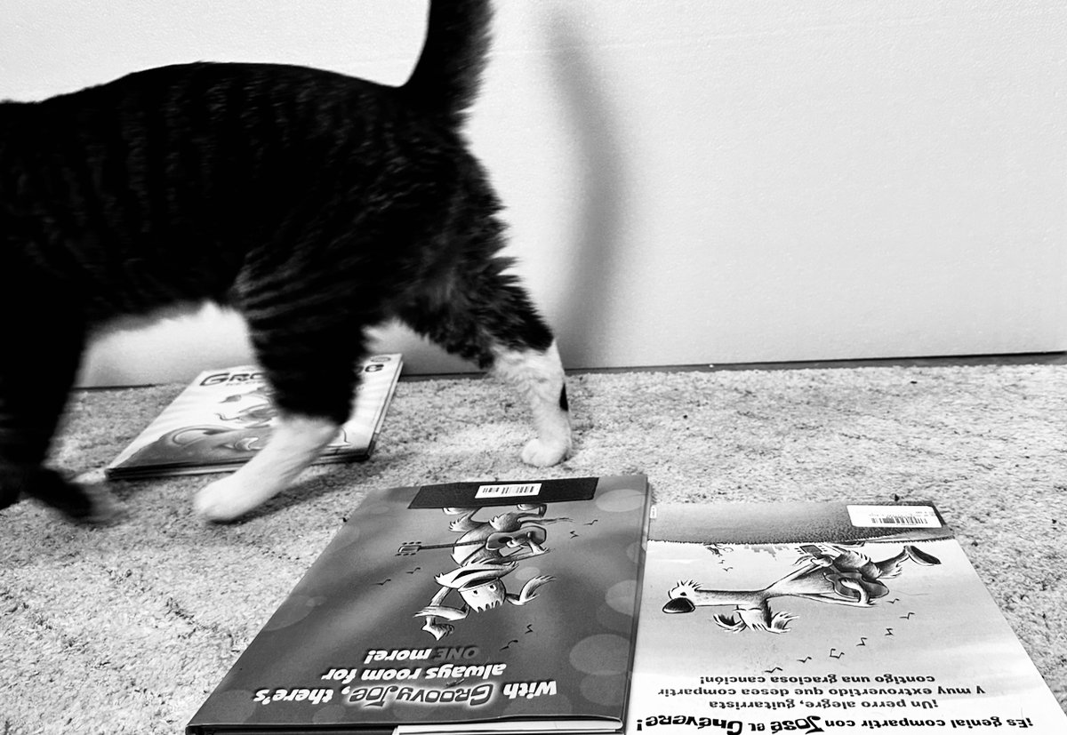 Ryanlandia's tweet photo. I received my collection of Groovy Joe books from @ericlitwinbooks today. I was feeling so groovy, I decided to do a nice photo shoot! Our cat 🐈⬛ Mochi had other plans...📸💣 After knocking the books over, Mochi upped and left!!! 😂 #groovyjoe #ericlitwin #petethecat #books #fun https://t.co/ioHZnMzQvW