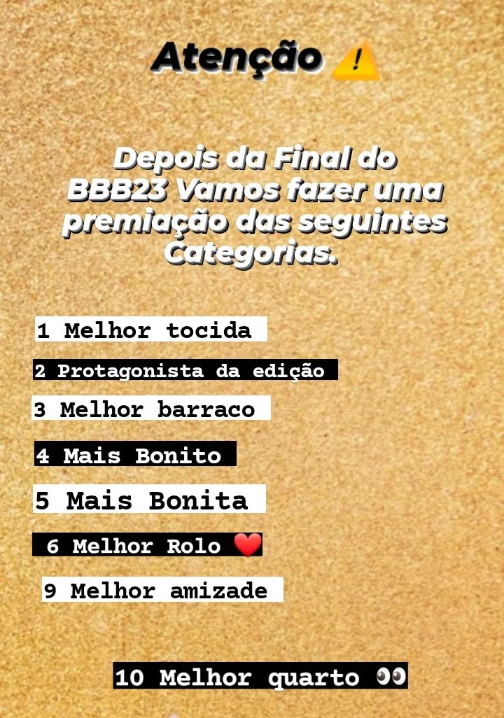 usuario_bbb23's tweet photo. 👑Premiação #BBB23
 
Após o término do programa na Rede Globo teremos aqui  essa pequena premiação de Pesquisas 
 Com essas categorias.

Fiquem de olho aqui 👀
#RedeBBB https://t.co/LuIuAbr4eb
