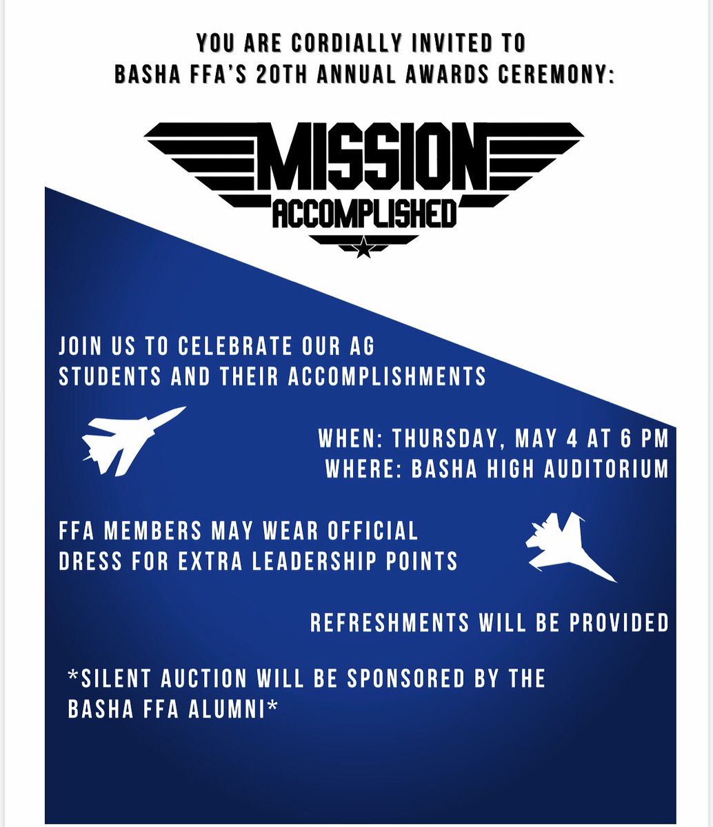 bashaffa's tweet image. Basha FFA Members, it is time to celebrate our year of success. 

You and your family are invited to our annual FFA Awards Celebration.