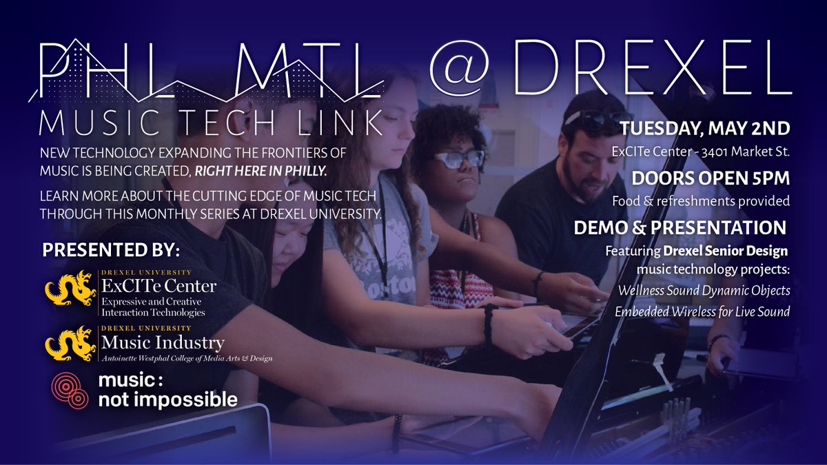 ExCITe Center (@excitecenter) on Twitter photo The next #PHL_MTL features demos & presentations from 2 of our amazing <a href="/DrexelEngr/">Drexel Engineering</a> Senior Design team projects!
- Wellness Sound Dynamic Objects (WeSoDO)
- Embedded Wireless for Live Sound
Join us Tue. May 2! (Doors open 5pm)
3401 Market St.
Register: bit.ly/phl-mtl The next #PHL_MTL features demos & presentations from 2 of our amazing <a href="/DrexelEngr/">Drexel Engineering</a> Senior Design team projects!
- Wellness Sound Dynamic Objects (WeSoDO)
- Embedded Wireless for Live Sound
Join us Tue. May 2! (Doors open 5pm)
3401 Market St.
Register: bit.ly/phl-mtl