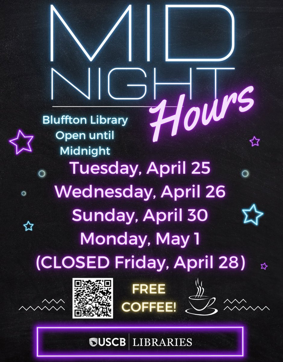 USCBadvising's tweet photo. Good luck on finals, Sand Sharks! 

The Bluffton library has extended hours to help you get those late night study sessions in. ✨ https://t.co/Ixb5fKiRiM
