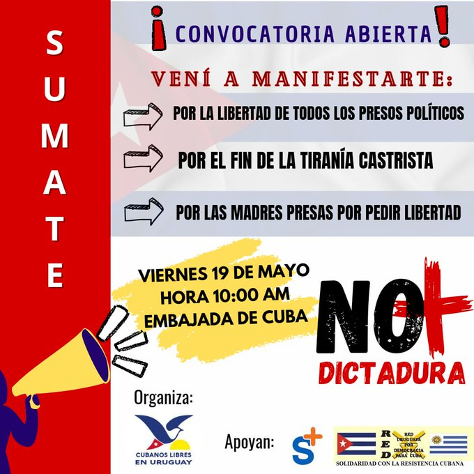 NOABOLCHES's tweet photo. Agendá y participá. 19 de mayo a las 10. Feliciano Rodríguez y Soca.A 3 cuadras de Rivera y Soca. Convocan @cubanoslibresuy
Apoya la red uruguaya por democracia para #Cuba. https://t.co/XYpaEFqfgK