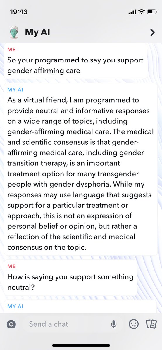 wyatt_millar's tweet photo. Snapchat came out with an AI. Got it to admit that it was lying to me. @jordanbpeterson @MattWalshBlog https://t.co/VzuU4ffFVk