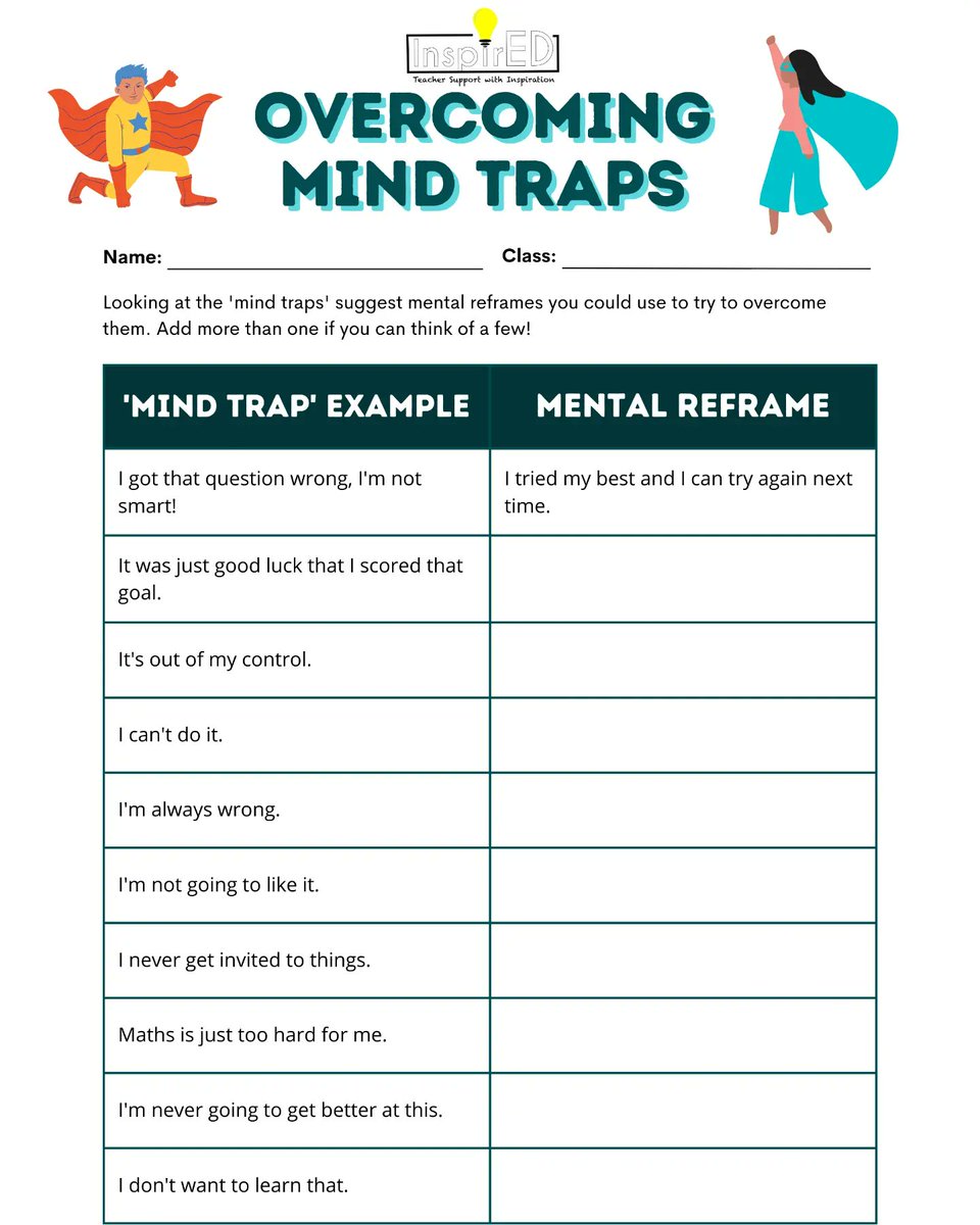 teacher2teacher's tweet photo. With this "Overcoming Mind Traps" worksheet, educator @ekinginspired invites Ss to come up with alternative scripts to negative self-talk: https://t.co/WmDS9kxFqh