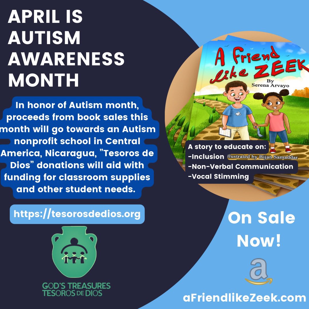 aFriendlikeZeek's tweet image. Our book is on sale on #Amazon right now for $10! ALL sales this month will be donated to a non-profit school for children with disabilities in Managua, Nicaragua @TesorosDeDiosNI ! Link in bio 💙🫶🙏🏻 #autism #AutismAwarenessMonth #childrensbook #author #amazon #nicaragua