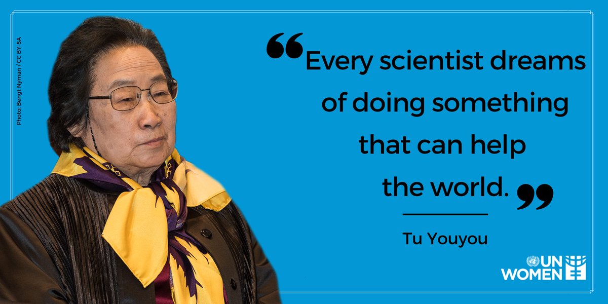 UN_Women's tweet photo. On #WorldMalariaDay, meet YouYou Tu, who discovered artemisinin, a compound used to treat malaria.

Her groundbreaking work won a #NobelPrize and continues to save lives every day. 

#WomenInScience https://t.co/0BdBheylI1