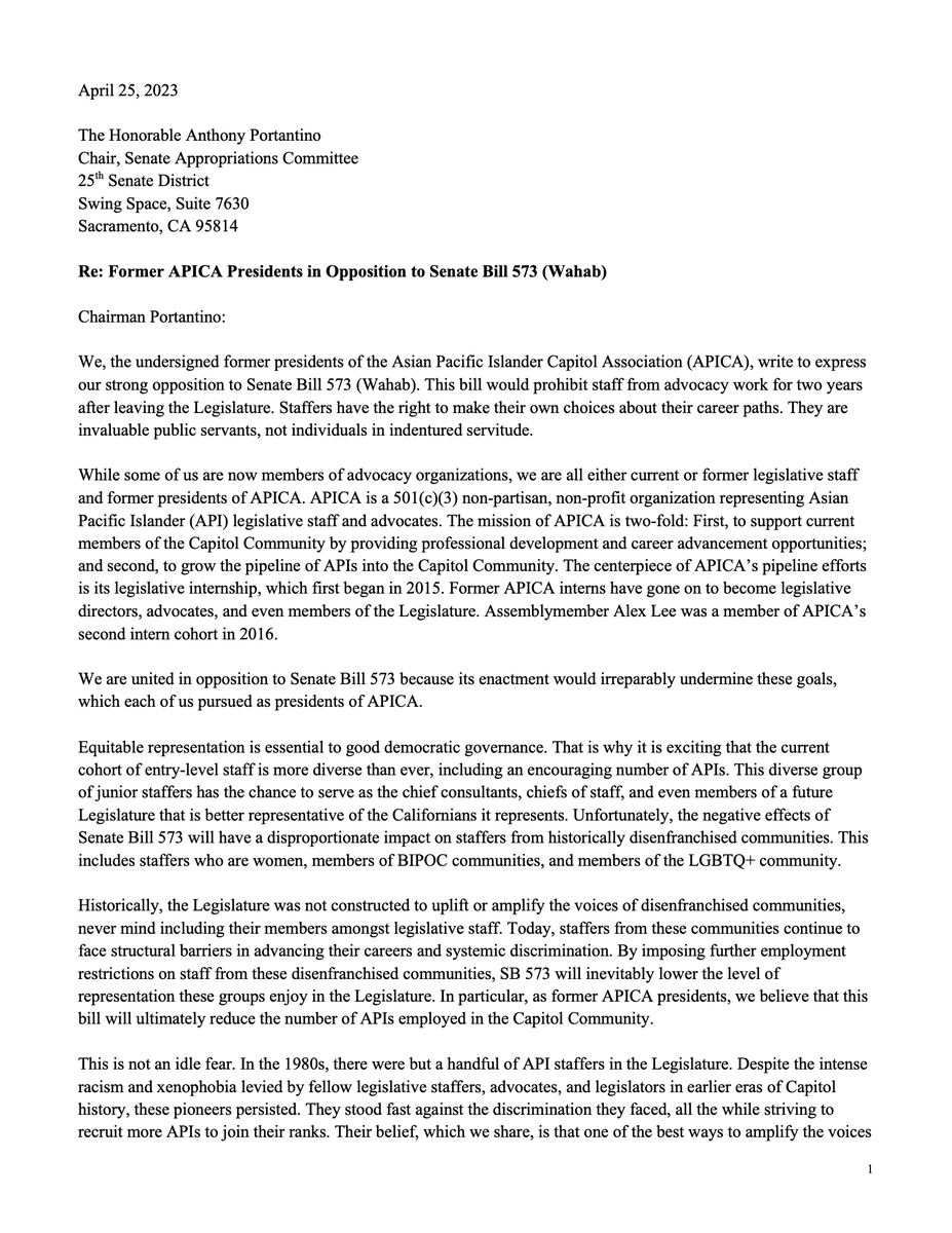 PacoTorresCA's tweet photo. Today, 7 former @APICASac presidents incl. myself are declaring our opposition to Senate Bill 573. This bill poses an existential threat to #CALeg staff, and will ultimately reduce the number of APIs in the Capitol Community. Staff are not individuals in indentured servitude. https://t.co/4Yfjk17R7t