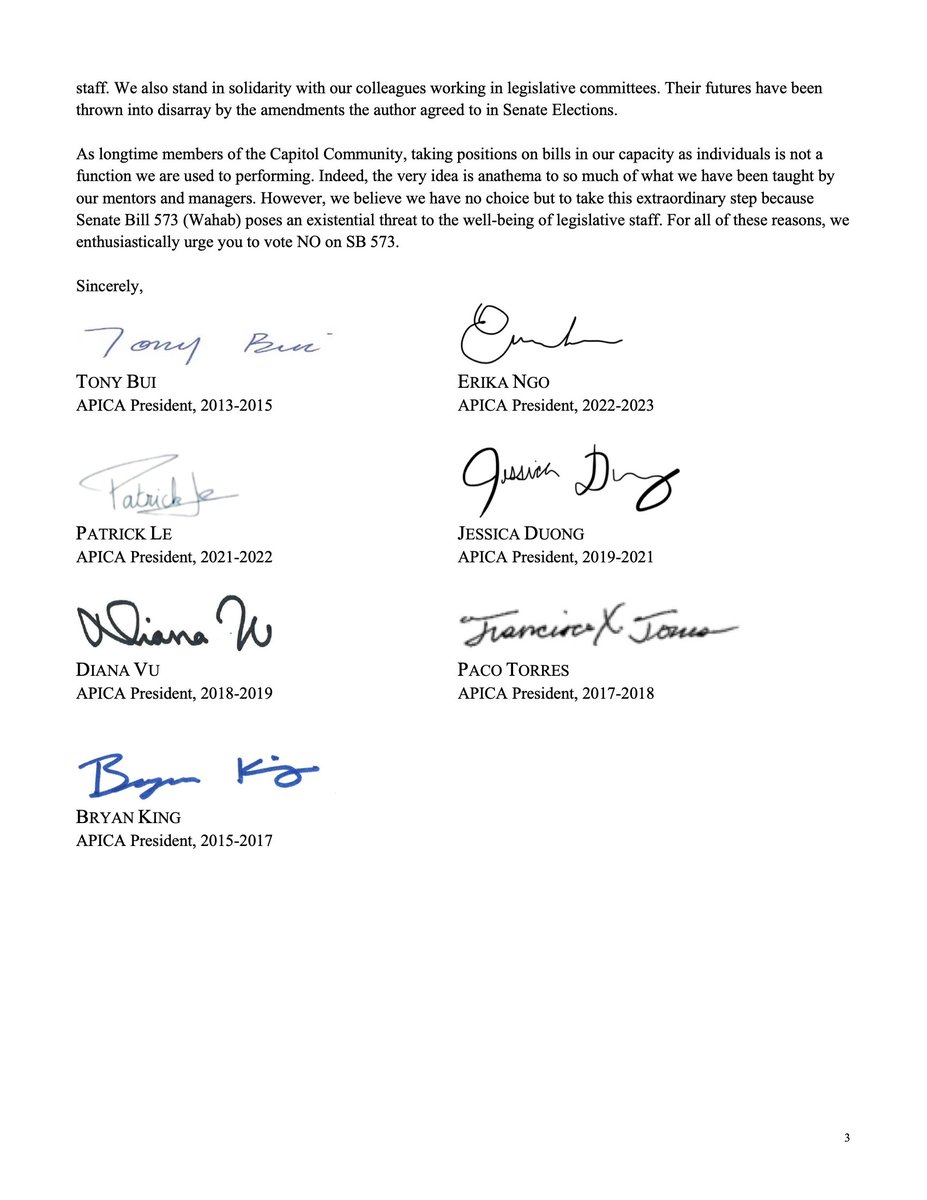 PacoTorresCA's tweet photo. Today, 7 former @APICASac presidents incl. myself are declaring our opposition to Senate Bill 573. This bill poses an existential threat to #CALeg staff, and will ultimately reduce the number of APIs in the Capitol Community. Staff are not individuals in indentured servitude. https://t.co/4Yfjk17R7t