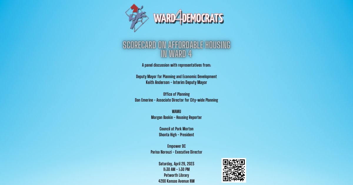 Join us Saturday, 04/29, for the Ward 4 Dems' Scorecard on Affordable Housing Forum! We're starting at 11:30 am at Petworth Library. Click here to register: mobilize.us/dcdemsward4/ev… - mailchi.mp/9872b74f0966/s…