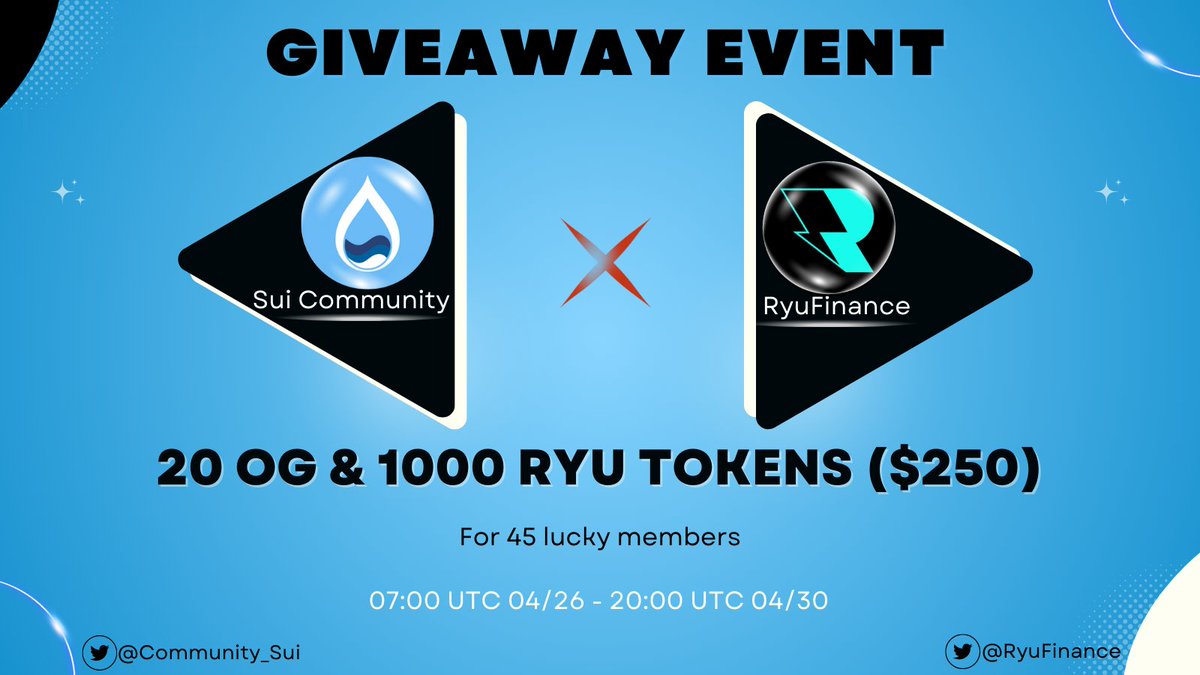 SUI COMMUNITY x <a href="/RyuFinance/">RyuFinance</a> OAT

🎁RyuFinance is A Dex LaunchPad GameFi DAO build on the #Sui Network. Lucky holders OAT will get #Airdrop

Mint OAT
galxe.com/suicommunity/c…

💎20 OG roles
💵1000 $RYU tokens worth $250

Like, RT &amp; tag 3 fens to get started

#Sui #SuiCommunity #OAT
