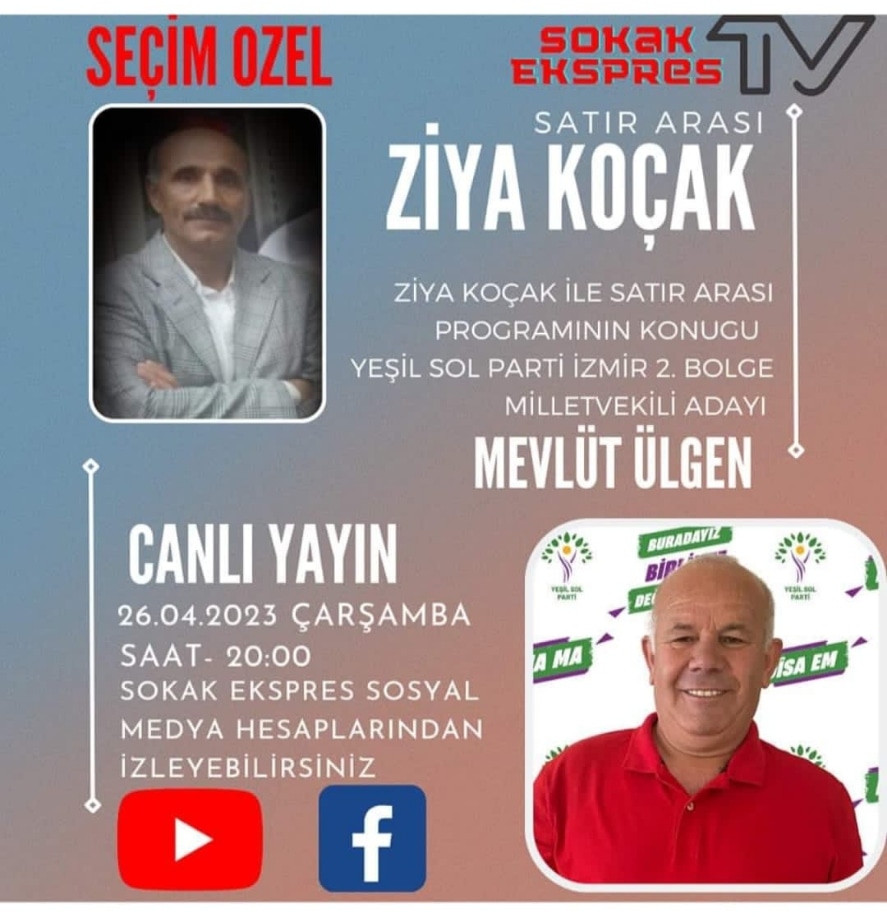 mevlut_ulgen's tweet photo. 26 Nisan Çarşamba günü saat 20:00'de Sokak Ekspres TV de Ziya Koçak ile Seçim Özel'de Satır Arası Programının konuğu olacağım. Programı Sokak Ekspres TV sosyal medya hesaplarından canlı izleyebilirsiniz.  https://t.co/vj4XaazuFa
@YesillerSol ile 
#BirlikteDeğiştireceğiz https://t.co/0TBOWTeH5K