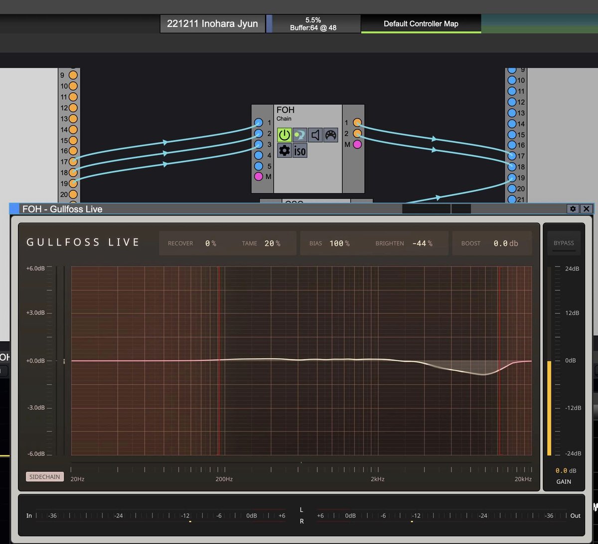 dhra_'s tweet image. PA/SR方面の方〜「あ、REC系ね」まぁそう言わずに！こんな使い方もアリです😬
2Mixにインサート、メジャーメントを測定マイクより入力してやる事で
「実空間の響きに対して自動追従して明瞭度を向上させるプロセッサー」
の出来上がりです。若干チートです、はい。
#Gullfoss #LiveProfessor