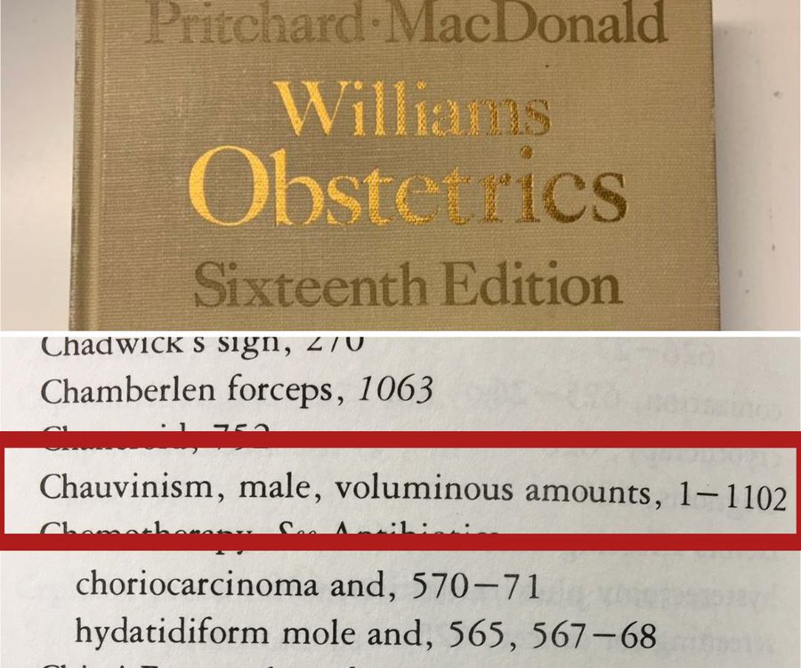 A small act of resistance from the female indexer of the 1980 edition of Williams Obstetrics.