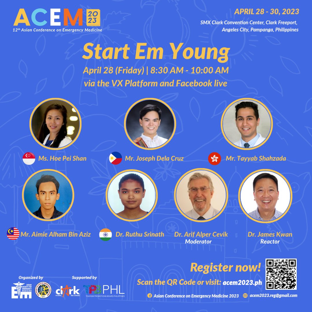Attend the Start Em Young Seminar on April 28, from 8:30 AM - 10:00 AM via the VX platform and Facebook live.

For interested delegates, register today at acem2023.ph

#ACEM2023 #EmergencyMedicine #12thACEM #ClarkPhilippines #GlobalHealth