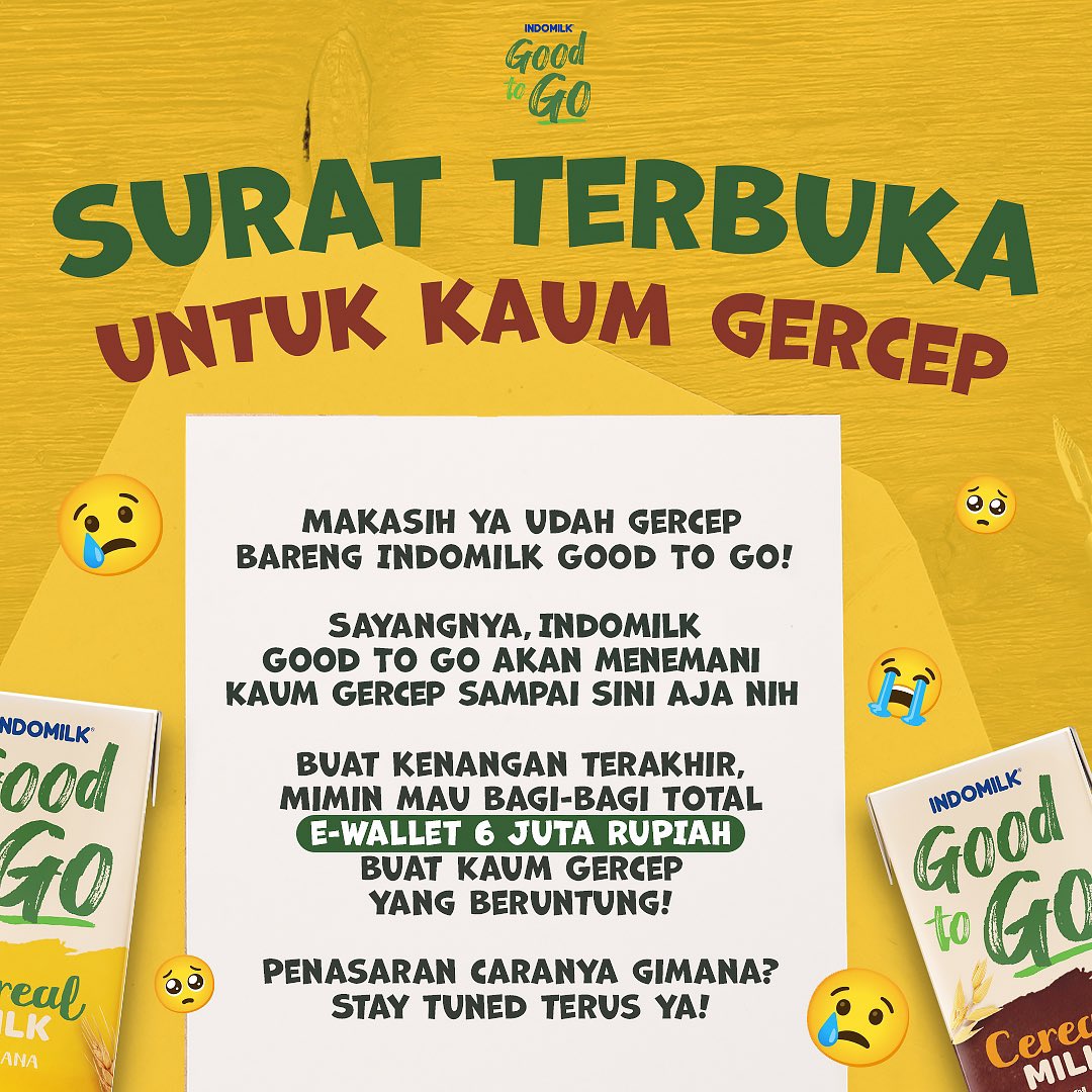 Kaum Gercep, Good To Go mau pamit ke kalian nih. Makasih ya udah seru-seruan #GercepLangsungGo selama 4 tahun terakhir 🥺

Don’t worry, Good To Go masih bisa ada di minimarket terdekat kok. Psst, MinGo juga siapin SURPRISE GIVEAWAY terakhir buat kalian. Cek IG <a href="/goodtogo_id/">Temennya Kaum Gercep</a> ya!