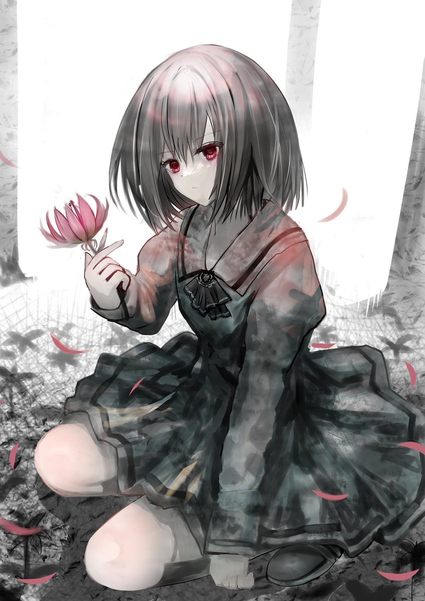 1girl solo flower red eyes holding flower holding dress  illustration images