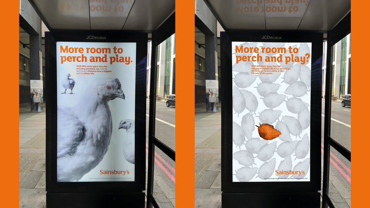 adfreecities's tweet photo. Hey @sainsburys, we thought people looking at your latest ad would like to see what ‘more room’ for these ‘happier, healthier chickens’ actually looks like: 32 chickens in 2.16 sq m, the space of this bus stop ad. Not much room to ‘play’, is there? https://t.co/jwSvoPcBuy