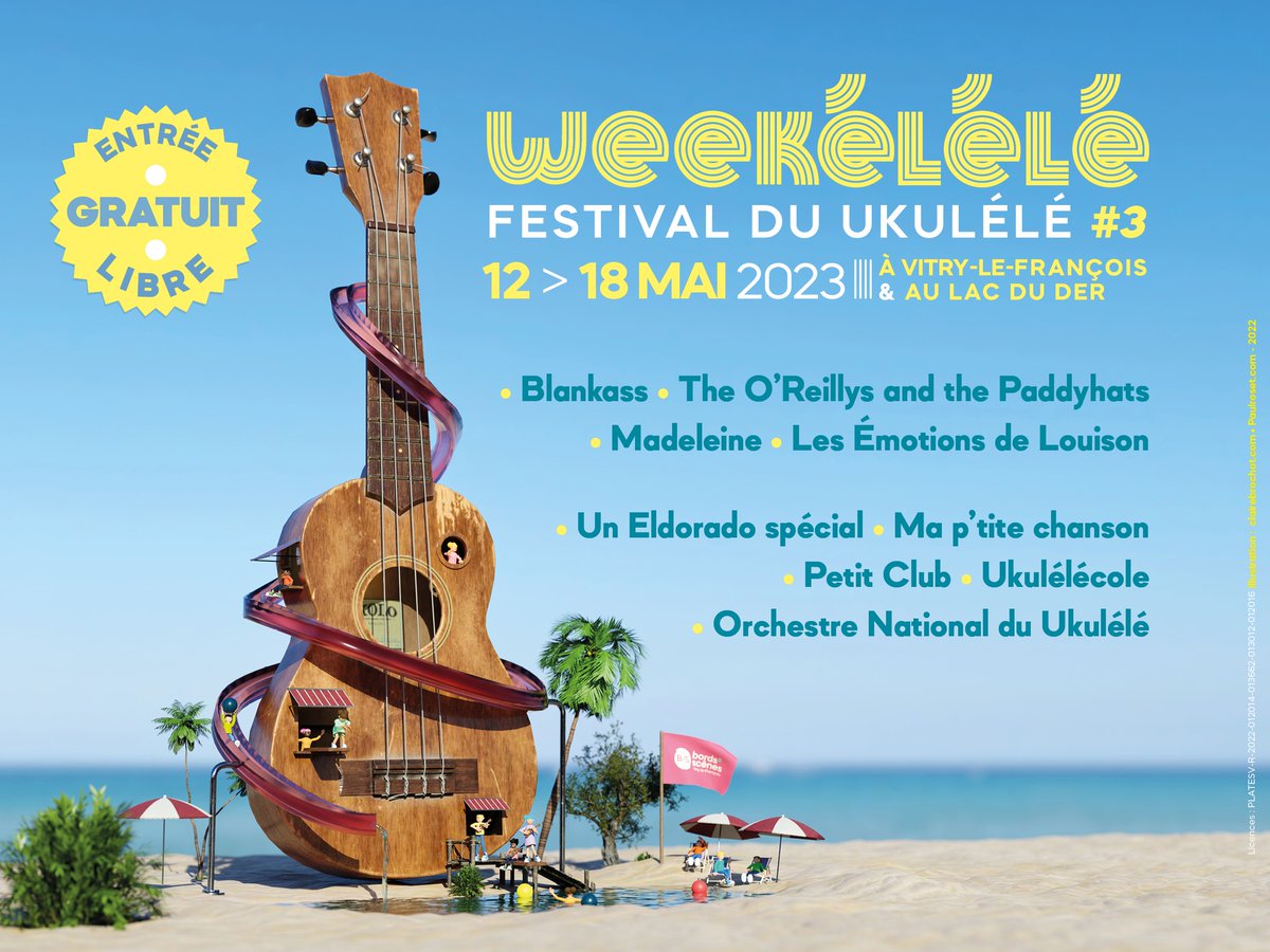 🎵 WEEKÉLÉLÉ🍹  

Le festival du ukulélé revient à Vitry-le-François !⬇️ 

👉 Du 12 au 18 mai 2023 
👉4 jours de musiques autour du ukulélé 
👉4 jours de  rencontres, de partages, de convivialité, de bonne humeur 
👉 GRATUIT !  

📍à l’Orange Bleue et au Lac du  Der